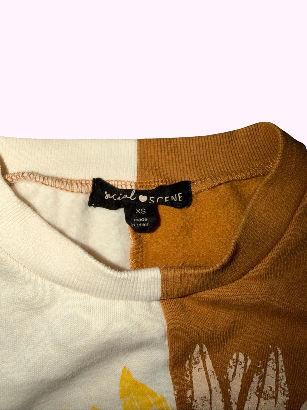 Split-Color Sunflower Crop Long Sleeve Top - Cream & Brown
